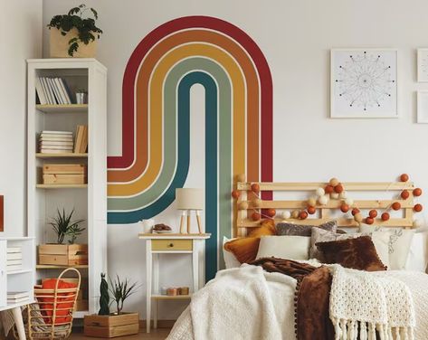 LilinMomonRainbow - Etsy Rainbow Stripe Wall, Little Boy Room, Korean Bedroom, Rainbow Mural, Retro Nursery, Rainbow Bedroom, Penthouse Living, Stripe Wall, Rainbow Wall Decal