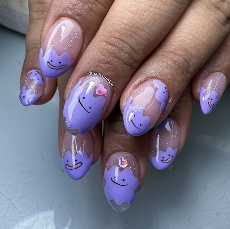 Nerdy Nail Designs, Pokemon Inspired Nails, Togepi Nails, Jigglypuff Nails, Snorlax Nails, Pikmin Nails, Nerdy Nail Art, Ditto Nails, Lavender Nails Design