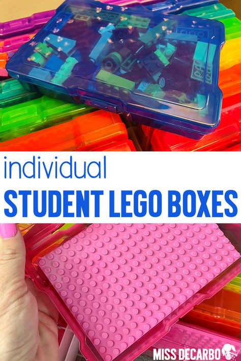 Individual Lego Bins for the classroom - Miss DeCarbo Classroom Lego Storage, Photo Storage Boxes Classroom, Lego Teacher, Brain Bins, Classroom Morning Routine, Lego Classroom Theme, Lego Station, Lego Bins, Stem Bins