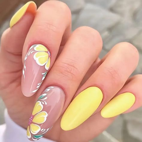 Press On Nails With Glue, Yellow Nails Design, Spring Nail Designs, Nails Press, Nails Tips, Nail Type, Nails Set, Almond Nail, Almond Shape