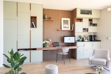 Studio Casa - Home Office - Lyon - by Guillaume Bouvet - Artisan menuisier designer | Houzz Office Kitchenette, Farrow And Ball, Lyon, Blue Gray, Corner Desk, Office Desk, Home Office, Desk, Furniture