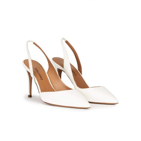 Slingback heeled pumps in off-white leather . PURA LOPEZ Ivory Slingback Heels, Wedding Shoes Slingback, Slingback Wedding Shoes, Pointy White Heels, White Pointed Toe Heels, White Pointed Heels, White Slingback Heels, Classic Wedding Shoes, Italian Heels