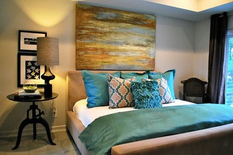 Bedroom Photos Teal Design, Pictures, Remodel, Decor and Ideas - page 35 Teal And Gold Bedroom, Teal Bedroom Designs, Tan Bedroom, Bedroom Teal, Bedroom Eclectic, Teal Bedroom, Gold Bedroom, Gorgeous Bedrooms, Brown Bedroom