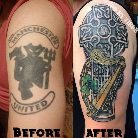 Cover up by @tiborvargatattoo 🍀 Available appointments to November and December. Contact us ASAP… Irish Harp Tattoo, Irish Sleeve Tattoo, Shamrock Tattoo, Ireland Tattoo, Shamrock Tattoos, Celtic Cross Tattoos, Irish Harp, Irish Tattoos, Clover Tattoos