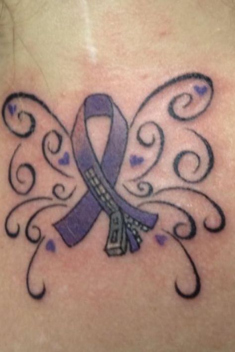 Chairi malformation purple ribbon zipper tattoo. Support zipperheads :) Chiari Malformation Tattoos, Chiari Tattoo, Zipper Tattoo, Awareness Tattoo, Tattoos To Cover Scars, Chiari Malformation, Scar Tattoo, Ribbon Tattoos, Warrior Tattoos