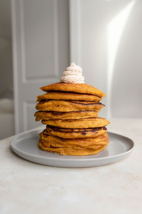 pumpkin pancakes with cinnamon butter - the palatable life Pumpkin Cinnamon Pancakes, Pumpkin Pancakes Using Krusteaz, Plant Based Pumpkin Pancakes, Pancakes With Cinnamon, The Palatable Life, Palatable Life, Luke’s Pumpkin Pancakes, Coffee Cake Cookies, Coconut French Toast