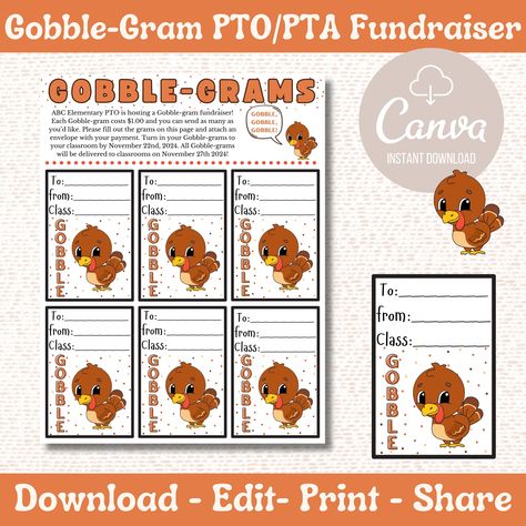 Customizable Gobble-Grams for School Fundraising, PTO, PTO, Classroom Parties Get ready to spread some spooky cheer this Halloween with our customizable Boo-Grams, perfect for PTAs and PTOs looking to raise funds! These adorable 2"x3" notes are designed to be printed on standard 8.5"x11" paper, making them easy to send home with students. Features: -Fully Customizable: Use Canva to effortlessly edit text, colors, and graphics to fit your school's theme. Personalize each Gobble-Gram with student names or special messages! -Easy to Download: Our user-friendly template ensures that you can quickly download and start customizing without any hassle. -Fundraising Made Fun: Sell Gobble-Grams as a delightful surprise for friends and classmates. Each Gobble-Gram is a sweet treat that can be sent an Gobble Grams, Boo Grams, Pta Flyer, Thanksgiving Candy, Treat Stand, School Fundraising, Candy Grams, Pta School, Bonbon Halloween