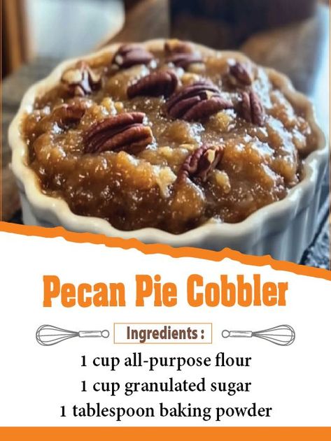 Pecan Pie Cobbler Recipe Ingredients: For the Cobbler: 1 cup all-purpose flour 1 cup granulated sugar 1 tablespoon baking powder 1/2 teaspoon salt 1 cup milk 1/2 cup unsalted butter, melted 1 teaspoon vanilla extract For the Pecan Filling: 1 cup light corn syrup 1 cup brown sugar, packed 4 large eggs 1 teaspoon vanilla extract 2 cups pecans, chopped Instructions: Preheat the Oven: Preheat your oven to 350°F (175°C). Make the Cobbler Base: In a large mixing bowl, whisk together flour, ... Pecan Pie Cobbler Recipe, Pecan Pie Cobbler, Pecan Filling, Pecan Cobbler, The Cobbler, Cinnamon Pecans, Cobbler Recipe, Cobbler Recipes, Recipe Ingredients