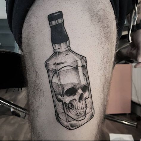 Skull in a bottle tattoo Dot-work style tattoo of a skull in a bottle http://tattoogrid.net/skull-in-a-bottle-tattoo/ Gotik Tattoo, Shadow Tattoo, Tattoo Line, Goth Tattoo, Bottle Tattoo, Wicked Tattoos, Creepy Tattoos, B Tattoo, Dark Tattoo