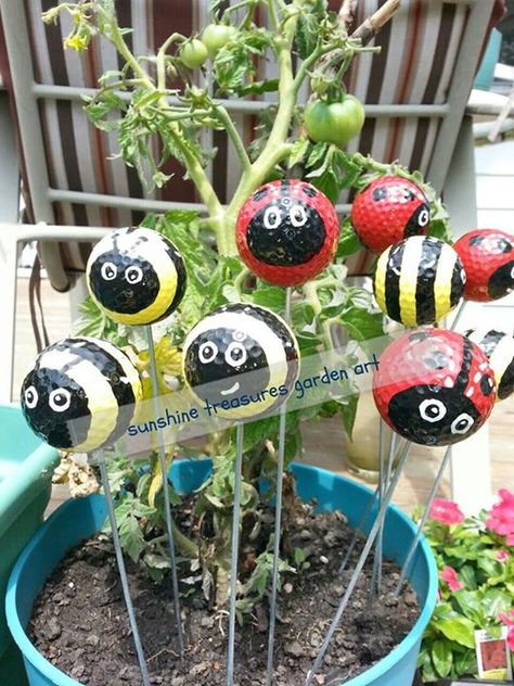 Ladybug & Bumblebee Golf Ball Garden Stakes Bowling Ball Art, Golf Crafts, Golf Birthday Gifts, Golf Ball Crafts, Ladybug Decorations, Garden Obelisk, Ladybug Crafts, Outdoor Crafts, Bumble Bees