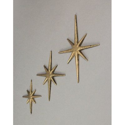 This trio of 8 pointed atomic starbursts adds a wonderful Mid-Century modern touch to your indoor or outdoor decor. Crafted of cast iron, the stars feature an antiqued metallic gold enamel finish to give them a great aged look. The large star measures 8.5 inches high, 6.75 inches wide, and 0.25 inches deep. The medium star is 6.75 inches high, 5.25 inches wide, and 0.25 inches deep, and the smallest star is 5 inches high, 4.25 inches wide, and 0.25 inches deep. Hang them together or separately f