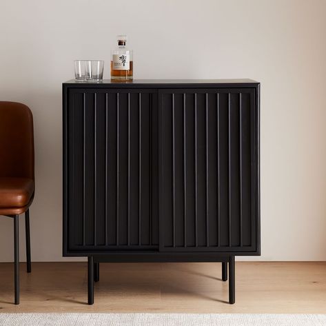 Black Bar Cabinets For Home, Functional Bar Cabinet, Home Bar Cabinet Luxe, Bar Cabinet Inspiration, Mini Bar Furniture, Bar Cabinets For Home Modern, West Elm Cabinet, Black Wine Cabinet, Refinished Bar Cabinet