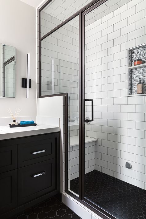 San Francisco Bathroom Remodel, Steam Shower, Black Hex Floor Tiles, White Subway Tiles, Ann Sacks Tile, Black Trim, Black Vanity, Tiles In Bathroom, Nice Bathrooms, White Subway Tile Bathroom, Fantasy Room, Black Floor Tiles, Subway Tiles Bathroom, Bathroom Black, Bad Inspiration, Diy Vanity