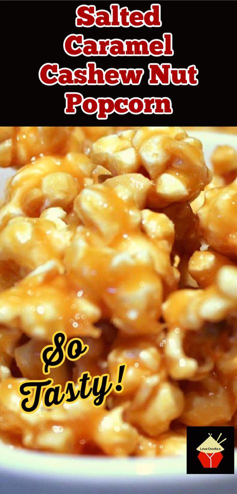 Salted Caramel Cashew Nut Popcorn. A delicious combination of salt and caramel coating homemade popcorn. Easy recipe for popping corn Gourmet Popcorn Recipes Homemade, Poppycock Recipe Best, Half Popped Popcorn Recipe, Salted Caramel Popcorn Recipe, Poppycock Recipe Popcorn, Carmel Popcorn Recipes, Homemade Poppycock, Poppycock Recipe, Butter Toffee Popcorn Recipe