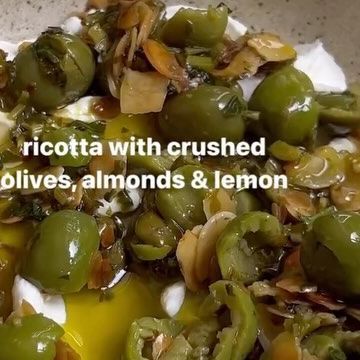 Mediterranean Diet Plan 🇺🇸 on Instagram: "Ricotta With Crushed Olives, Almonds & Lemon 🍋 Cre by @liv.kaplan Ingredients ¼ cup slivered almonds ½ cup Sicilian olives, crushed and pips removed 1 tbsp capers ¼ cup parsley, fresh, leaves and stems chopped ⅓ cup extra virgin olive oil ½ lemon, zested and juiced 370g smooth ricotta Method Place the slivered almonds in a pan over a medium heat. Toast for 4-5 minutes until slightly golden. Toss them occasionally with a wooden spoon to ensure they don’t burn. Set aside in a bowl. Turn the heat to low then add in the olives, capers and parsley, followed by the olive oil. Stir in the lemon zest and juice and allow all the flavours to infuse for 10 minutes over the low heat. Meanwhile, spread the ricotta on a plate. Pour over the olive oil mixtu Ricotta With Crushed Olives, Sicilian Olives, 2024 Meals, Ricotta Dip, Healthier Habits, Olive Recipes, Mediterranean Diet Plan, Recipes Appetizers, December 7