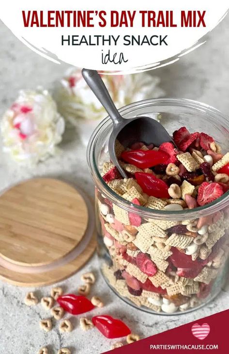 Valentine's Day Trail Mix - A Healthy Valentine Snack - Parties With A Cause Valentines Healthy Snacks, Valentine Snack, Gluten Free Valentines, Yogurt Covered Raisins, Valentines Party Food, Healthy Trail Mix, Healthy Protein Bars, Valentines Snacks, Healthy Valentines