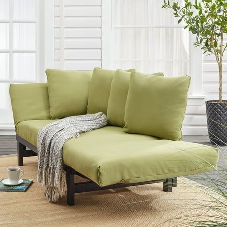 Spark up your relaxation with the Better Homes & Gardens Delahey Convertible Studio Outdoor Daybed Sofa. This versatile sofa transforms into a studio daybed when you fold down the arms, offering plenty of room for afternoon naps with a plush seat cushion on a dark brown wood frame. Detachable green all-weather cushions are non-fading and easy to clean, and four stylish throw pillows complete the look. Crafted in pleasing shades of green and brown, the Better Homes & Gardens Delahey Convertible Outdoor Daybed Sofa will be a beautiful addition to your balcony, porch, terrace, or deck to enjoy season after season. Sunroom Lounge, Lounge Chaise, Patio Daybed, Doors Makeover, Sofa Bed Design, Stylish Throw Pillows, Outdoor Daybed, Green Cushions, Daybed Sofa