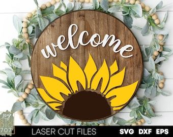 Sunflower Stencil, Sunflower Door Hanger, Sunflower Door, Svg Sunflower, Door Hanger Svg, Welcome Door Hanger, Door Signs Diy, Door Hanger Template, Floral Signs