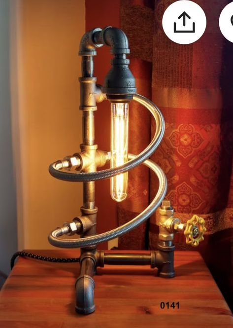 Steampunk Shelving, Industrial Lamp Design, Diy Industrial Lighting, Braided Lines, Lamp Pipes, Industrial Pipe Lamp, Pipe Lamps, Lampe Metal, Industrial Garden