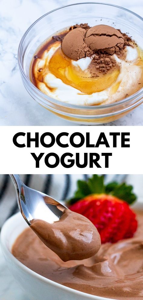 Greek yogurt is mixed cocoa and lightly sweetened with honey and vanilla for a creamy, delicious chocolate yogurt. It makes a fantastic snack or healthy dessert! Chocolate Yogurt Parfait, Chocolate Greek Yogurt Recipes, Greek Yogurt And Pudding, Chocolate Yogurt Recipe, Plain Greek Yogurt Recipes, Greek Yogurt Snacks, Yogurt Desserts, Greek Yogurt Dessert, Yogurt Recipes Healthy