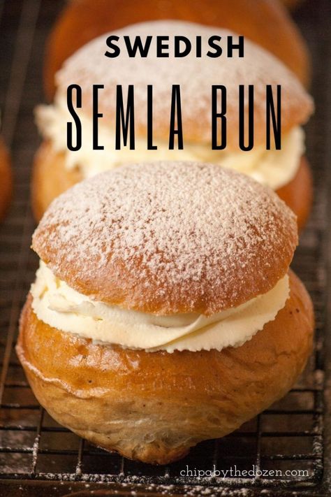 Swedish Semla Bun - Chipa by the Dozen. Swedish Semla Bun or semlor (plural) are buns flavored with cardamom. Filled with marzipan and whipped cream. A touch of icing sugar to finish up.#chipabythedozen #semlabun #semlorbuns #lentbuns #swedishbuns #easterbread Semla Recipe, Swedish Semla, Cream Bun, Yeast Bread Recipes, Easter Bread, Fun Baking, Favorite Dessert Recipes, Sweet Rolls, Favorite Dessert