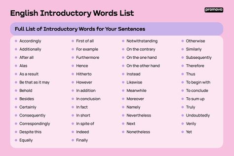 Introductory Words List | Promova Grammar Intransitive Verb, Australian English, Words List, Apps For Teachers, Improve Your Vocabulary, English Exercises, Italian Language Learning, Chinese Language Learning, English Test