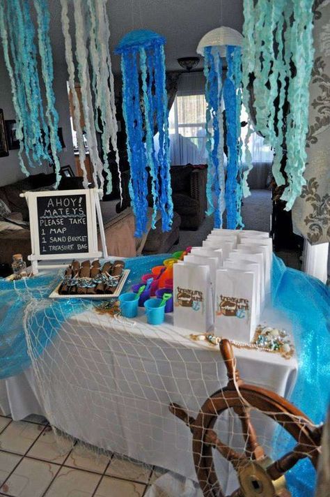 Mermaid And Pirate Party Decorations, Pirates And Mermaids Birthday Party, Mermaids And Pirates, Pirates And Mermaids, Mermaids Birthday Party, Jellyfish Decor, Mermaid Room Decor, Mermaid Pirate Party, Pirates Party