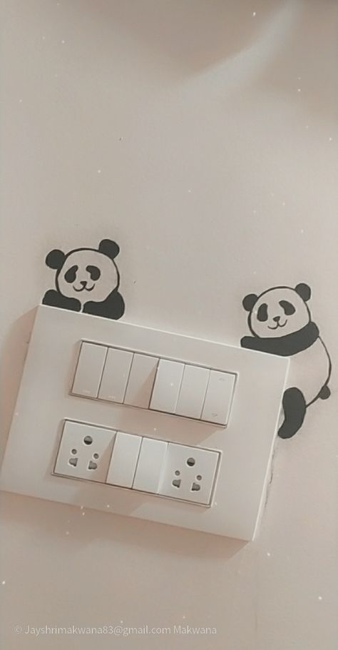 Wall panda painting Panda Wall Painting Ideas, Panda Painting On Wall, Charger Drawing Ideas, Panda Painting Easy, Wall Painting Ideas Switch Board, Drawing On Charger, Switch Board Art Ideas Easy, Panda Wall Painting, Charger Painting Ideas