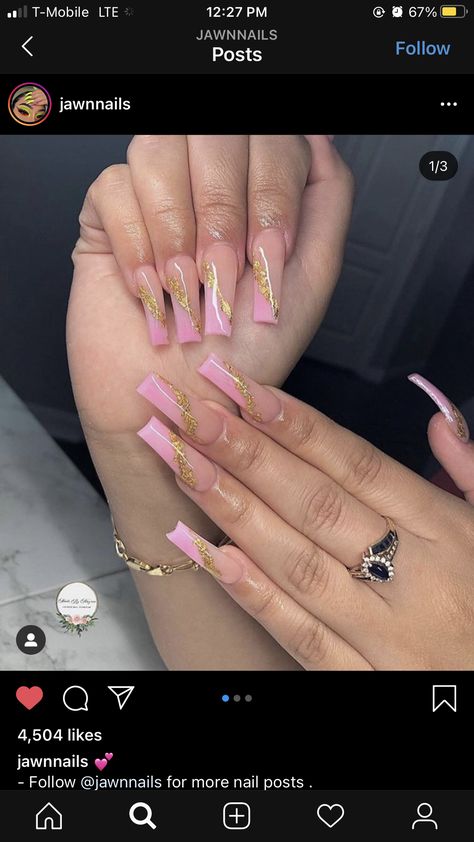 Pink And Gold Flake Nails, Pink Nails With Gold Flakes, Birthday Nails Pink And Gold, Pink With Gold Flakes Nails, Gold Flake Nails Pink, Pink Nails Gold Flakes, Buchifresa Nails, Pink And Gold Nails, Acrylic Nails Coffin Gold Flakes