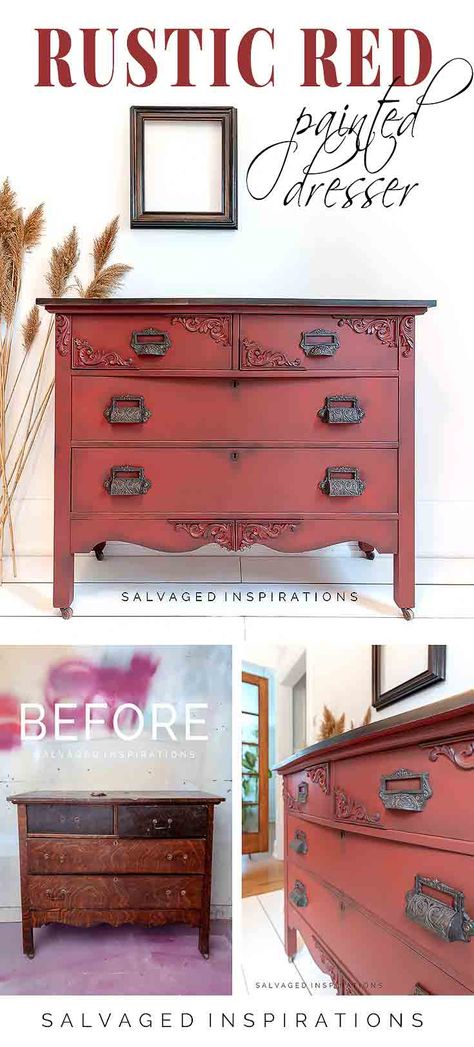 Rustic Red Paint, Red Distressed Furniture, Red Painted Furniture, Stained Dresser, Red Dresser, Chalk Paint Dresser, Salvaged Inspirations, Paint Dresser, Salvaged Furniture