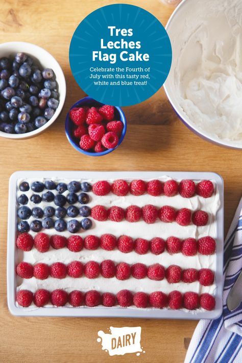 What does it take to make a cake? A mix of diverse ingredients that come together to create something special. Celebrate the 4th of July with this star-spangled Tres Leches flag cake. Topped with homemade whipped cream and fresh berries, it’s something that everyone can enjoy. 4th Of July Tres Leches Cake, American Flag Cake, Dairy Foods, Flag Cake, Make A Cake, July Ideas, Tres Leches Cake, Homemade Whipped Cream, Tres Leches