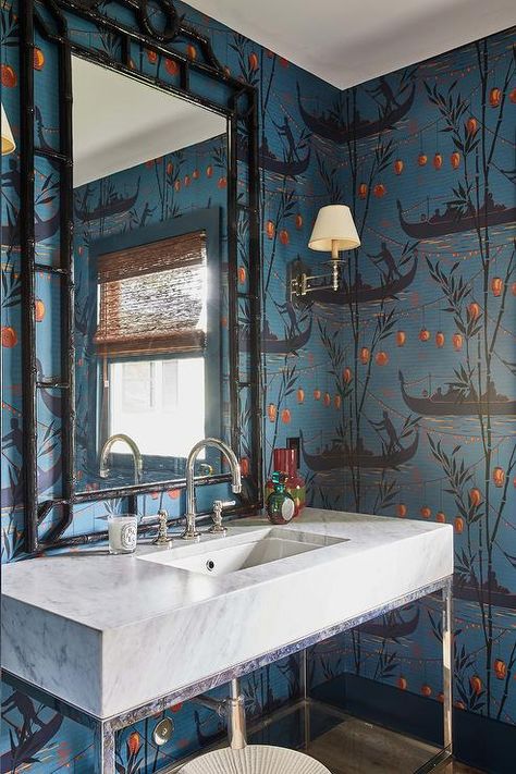 Cole and Son Gondola Wallpaper - Transitional - Bathroom English Country Bathroom, Wallpaper Accents, Erin Gates Design, Wallpaper Powder Room, Polished Nickel Faucet, Scalloped Mirror, Small Bathroom Renovations, Powder Room Decor, Cole And Son Wallpaper