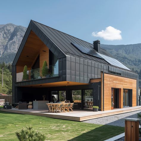 Modern Chalet Architecture, Modern Nordic House, Scandinavian Modern House, Mountain Dream Homes, German Houses, House With Balcony, Paint Color Ideas, Barn Renovation, Barn Style House Plans