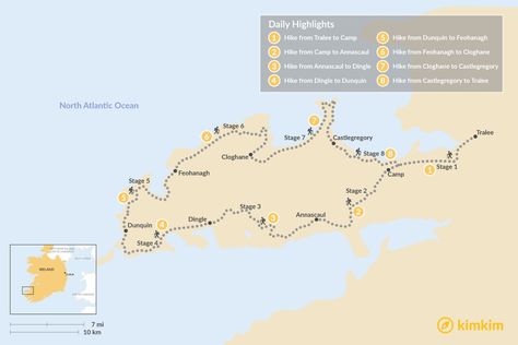 Map of Ultimate Guide to the Dingle Way: Hiking Ireland's Remote Western Peninsula Dingle Way Ireland Hiking, Ireland Hiking, Ireland Beach, Dingle Peninsula, County Kerry, Mountain Scenery, Long Walk, Hiking Trail, Archaeological Site