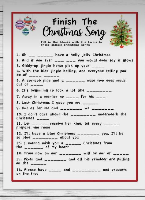 Finish The Lyrics Christmas Songs, Finish The Christmas Song Game, Christmas Finish The Lyrics, Christian Christmas Party Games, Guess The Christmas Song, Christmas Song Games, Christmas Party Games For Groups, Christmas Sleepover, Church Christmas Party