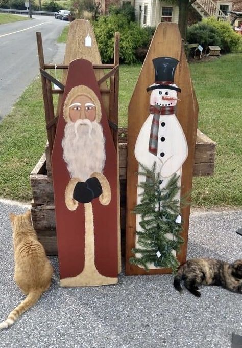 Santa Ironing Board, Painted Ironing Board Santa, Painted Santas On Wood, Santa Painted On Wood Ironing Boards, Painted Ironing Board, Fence Board Snowman, Painted Sleds, Snowman Painted On Wood Board, Wood Plank Snowman Diy