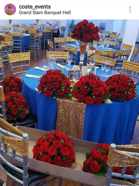 Beauty And The Beast Table Setting Ideas, Beauty And The Beast Table Set Up, Snow White 15 Birthday Party, Snow White Xv Theme, Beauty And The Beast Quinceanera Tables, Royal Blue Red And Gold Wedding, Red And Royal Blue Quinceanera Theme, Snow White Sweet 16 Theme, Disney Theme Quinceanera