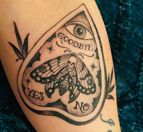 Quija Board Tattoo, Superstitious Tattoo, Ouji Tattoos, Oujia Board Tattoos, Ouji Board Tattoo, Ouija Planchette Tattoo, Planchette Tattoo Design, Witchy Tattoos Sleeve, Ouija Board Tattoo