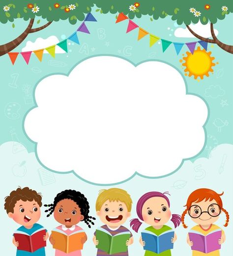 Template with cartoon of happy children ... | Premium Vector #Freepik #vector #boy-reading #kids-reading #kids-book #book-cartoon Reading Cartoon, Education Poster Design, Kids Reading Books, Doodle Frames, Vector Frame, Turtle Decor, Kids Background, Happy Children, Book And Frame