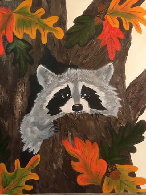 Autumn Canvas Painting Easy, Country Canvas Painting, Autumn Drawing Ideas, Raccoon Painting Easy, Squirrel Painting Acrylic Easy, Squirrel Painting Acrylic, Raccoon Painting, Raccoon Acrylic Painting, Painted Raccoon