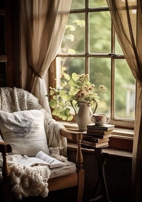 Cottage Core Bookshelf, Cottagecore Chair, Rustic English Cottage, Comfy Bedroom Chair, Cottagecore Houses, Cottagecore Interior, Writers Room, Cottagecore Books, Cozy Cottagecore