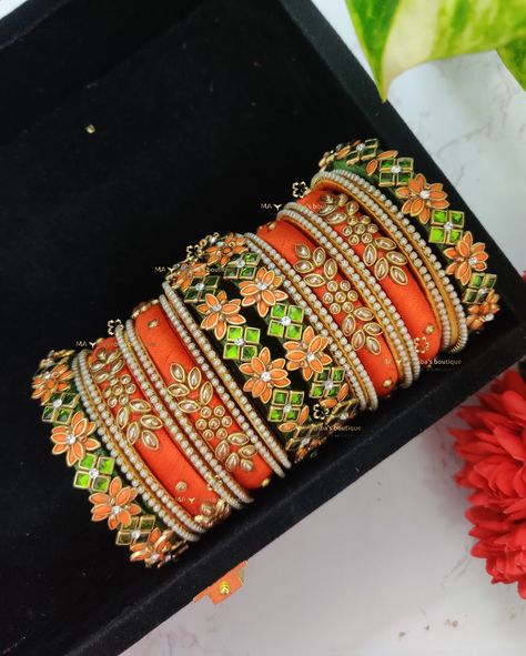 ❣️ Customized Bridal Bangles :: 3d kundan bangles for Mehendi green with orange silk saree🌟 💌 We’re exclusively specialized in silkthread shining finishing and intricate stone finishing 🥰🥰 💥💥 Follow @maya_venba_boutique for upcoming exquisite bangles collections and exclusive finishing ❣️ ❣️ DM/Whatsapp - 8637452661 to get customized ❣️ Bridal bangles and bulk orders are accepted for all occasions ❣️ Customization available in 15+ unique colors ❣️ Customization available from 1.12 - 2.14 ... Orange Bangles, Orange Silk Saree, Thread Bangles Design, Kundan Bangles, Green Thread, Thread Bangles, Bangles Design, Bridal Bangles, Bangle Designs