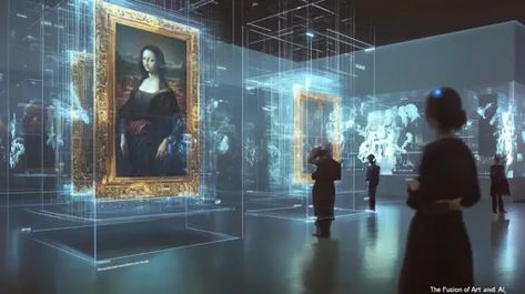 ↑↑↑ Larger size on website 🔸 The image depicts a futuristic art gallery, where paintings are displayed within holographic frames. Futuristic Art Gallery, Futuristic Website, Art Galleries Architecture, Holographic Displays, Digital Art Gallery, Digital Museum, Virtual Art, Futuristic Art, Visitor Center