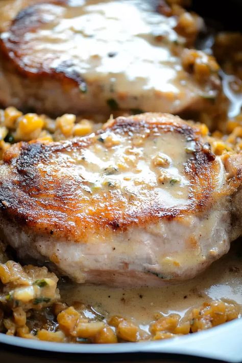 Savory Stuffed Pork Chops with Stuffing Stuffed Smoked Pork Chops, Swiss Pork Chops, Stuffed Pork Chops In Crockpot, Pork Chop And Stuffing Recipes, Stuffed Pork Chops With Stuffing, Pork Chops With Stuffing, Pork Chops And Stuffing, Mushroom Soup Pork Chops, Smoked Pork Chops