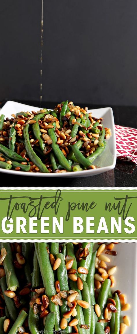 Toasted Pine Nut Green Beans make the BEST accompaniment for any weeknight meal! Steamed green beans are topped with toasted pine nuts and a diced shallot, then drizzled with olive oil. This vegan side dish is sure to be a winner at the dinner table. Vegan Green Beans, Pine Nut Recipes, Steamed Green Beans, Roasted Green Beans, Pine Nut, Vegan Side Dishes, Vegan Sides, Toasted Pine Nuts, Veggie Side Dishes