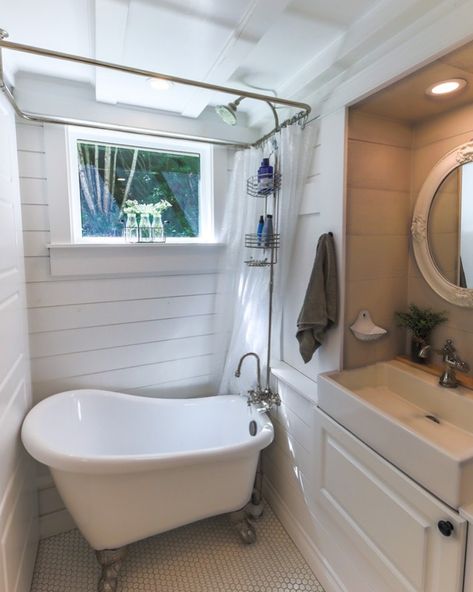 Living Big In A Tiny House on Instagram: “Tiny house, tiny tub. 🛁 . . . . . #livingbiginatinyhouse #tinyhouse #tinyhome #tinyhousemovement #smallhome #smallhouse #smallspaceliving…” Bathtub Tiny House, Tiny Home Bathtub, Tiny Tub, Tiny House Bathtub, Van Kitchen, Off Grid Tiny House, Bathroom Tile Inspiration, Tiny House Company, Barn Apartment