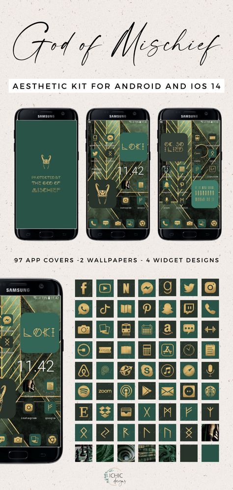 Want a bright new phone aesthetic? In this Loki themed kit 𝘆𝗼𝘂 𝗴𝗲𝘁 𝟵𝟳 𝗮𝗽𝗽 𝗰𝗼𝘃𝗲𝗿𝘀, 𝟮 𝘄𝗮𝗹𝗹𝗽𝗮𝗽𝗲𝗿𝘀 𝗮𝗻𝗱 𝟰 𝘄𝗶𝗱𝗴𝗲𝘁 𝗱𝗲𝘀𝗶𝗴𝗻𝘀!! 𝗖𝗮𝗻 𝗯𝗲 𝘂𝘀𝗲𝗱 𝗳𝗼𝗿 𝗮𝗻𝗱𝗿𝗼𝗶𝗱 𝗮𝗻𝗱 𝗶𝗢𝗦 𝟭𝟰. Click HERE to buy! | ios 14 aesthetic home screen | ios 14 home screen themes | ios 14 home screen ideas green | ios 14 app icons green | ios 14 loki | ios 14 home screen ideas green and gold | ios 14 loki theme | green ios 14 aesthetic | ios 14 app icons green and gold Loki Icons Aesthetic Green, Marvel App Icons Aesthetic, Loki Phone Theme, Loki Ipad Wallpaper, Loki Themed Wallpaper, Loki Aesthetic Green, Marvel Widgets Iphone, Marvel Phone Theme, Loki App Icons