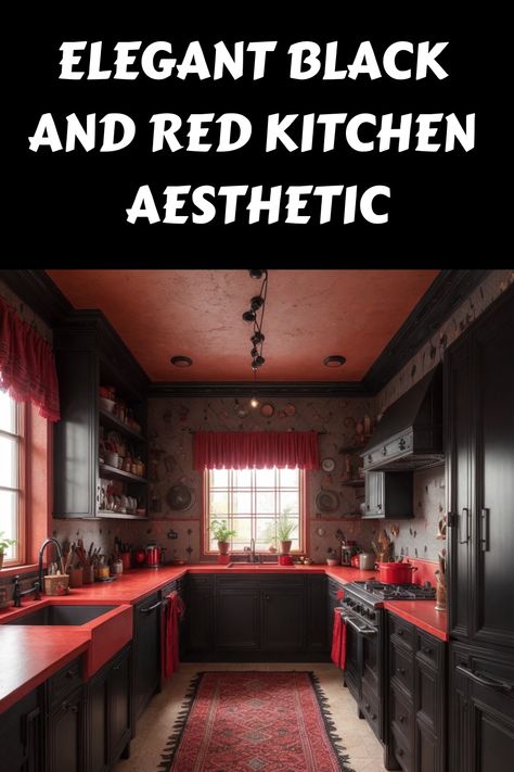 Elegant kitchen with black cabinets and red countertops. Black And Red Kitchen Ideas, Red Kitchen Ideas, Red And Black Decor, Red Kitchen Appliances, Red And Black Kitchen, Red Appliances, Clean Interior Design, Red Backsplash, Red Inspiration