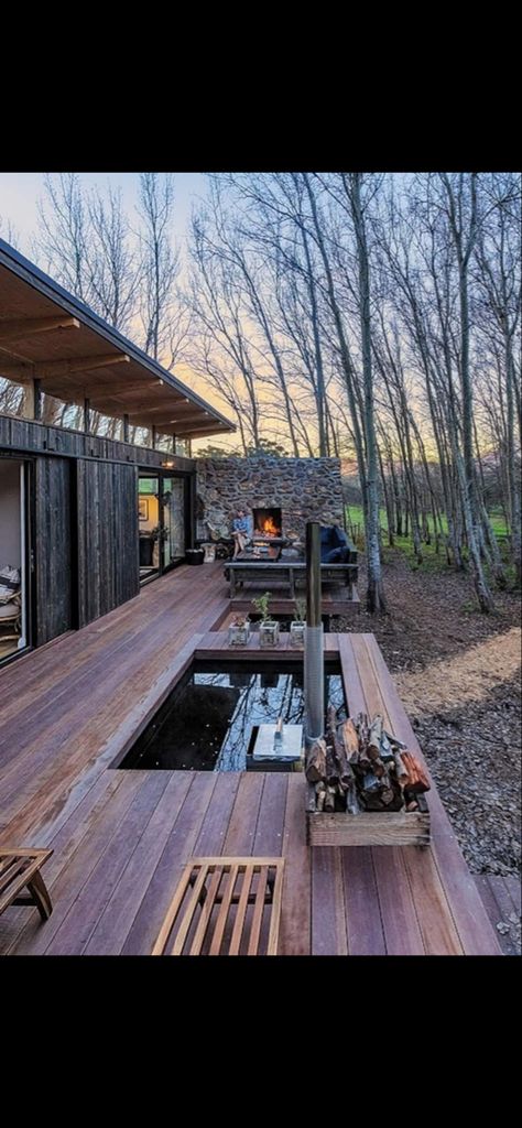 Swedish Hot Tub, Cabin In The Woods With Hot Tub, Wood Deck Hot Tub, Hot Tub In Woods, Outside Hot Tub Ideas, Wood Stove Hot Tub, Hot Tub In Deck, Outdoor Sauna And Hot Tub, Fire Hot Tub