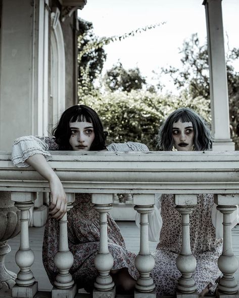 Satin Puppets Music, Dark Twins Aesthetic, Creepy Twins Aesthetic, Gothic Core Aesthetic, Creepy Girl Aesthetic, Ghost Girl Aesthetic, Conjoined Twins Oc, Satin Puppets, Creepy Twins